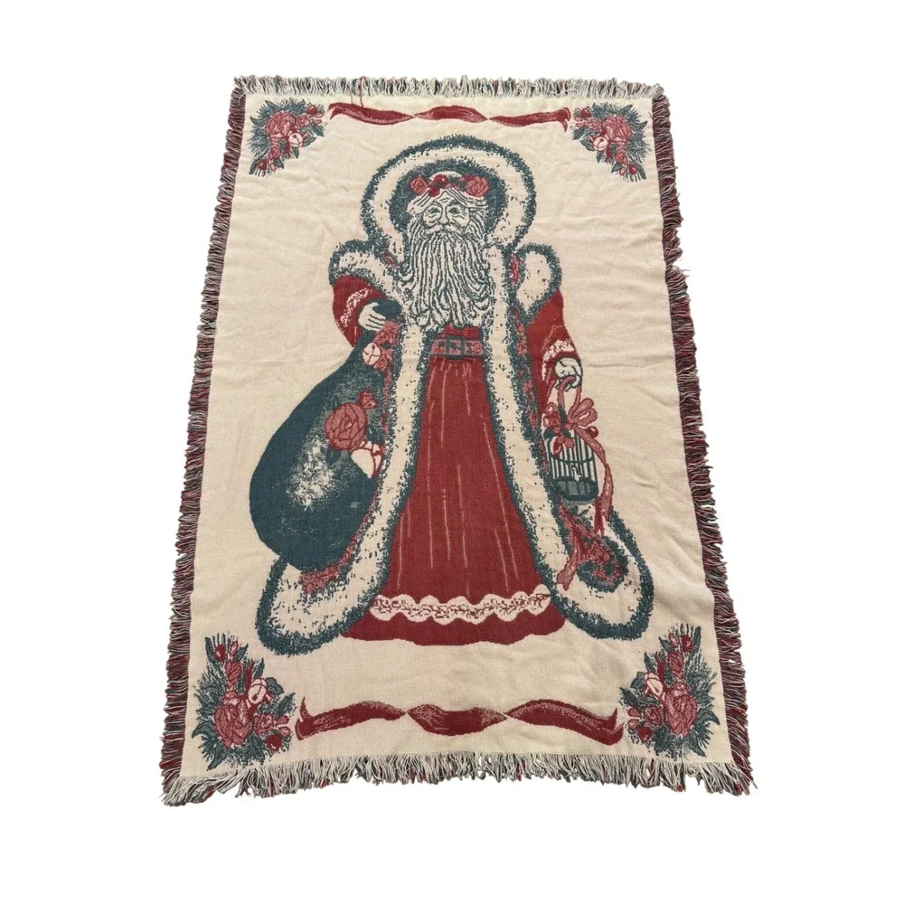 Vintage Woven Santa Claus Christmas Tapestry Throw Blanket Fringed Red Green